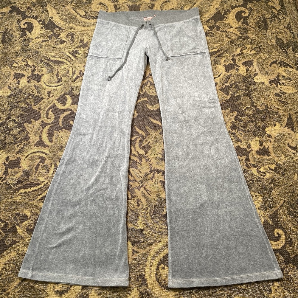 Vtg Y2K Juicy Couture Velour Flare Sweatpants Gray Pocket Womens Size Small